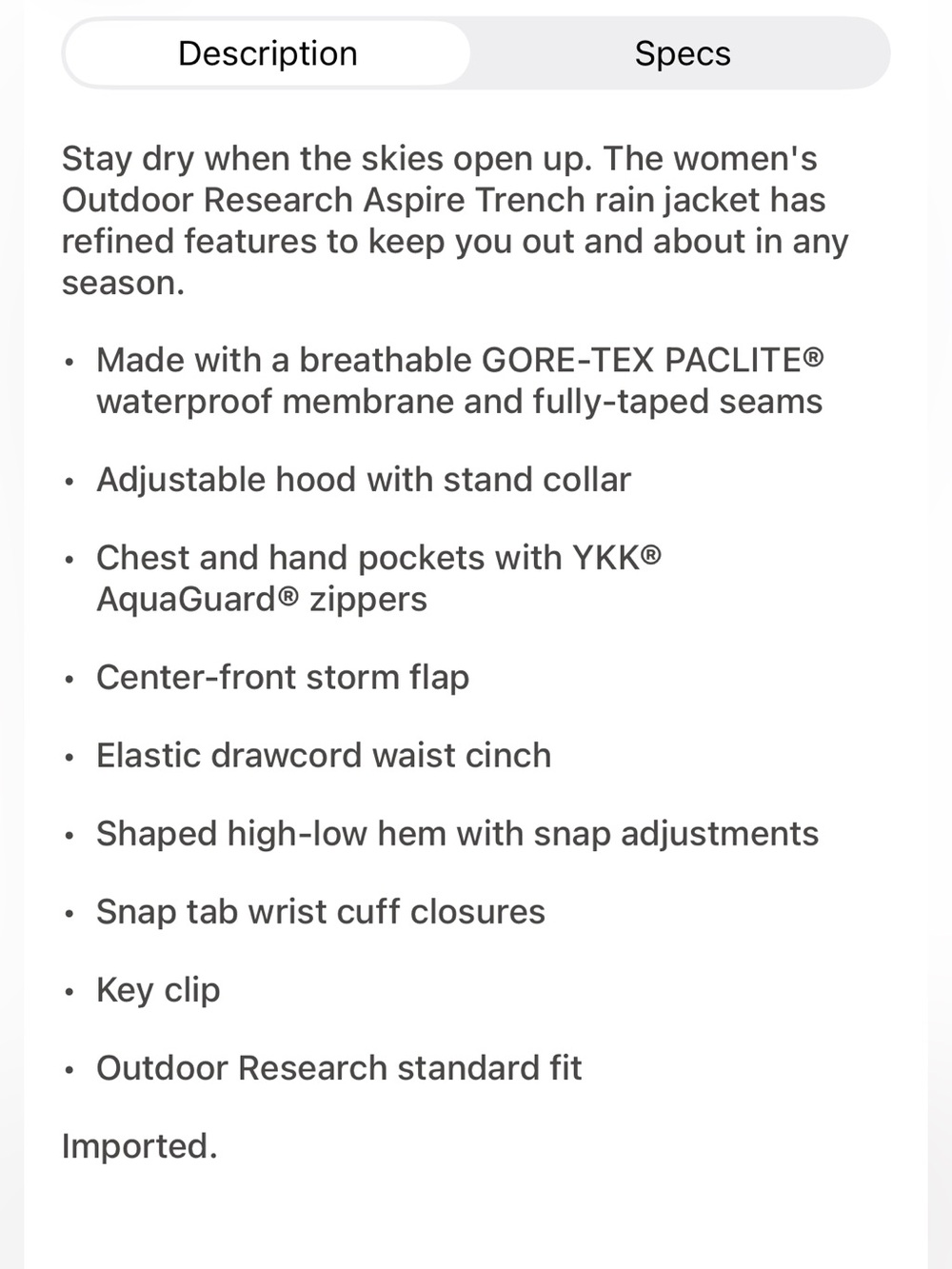 Outdoor Research Women’s Aspire Trench Rain Jacket - Black XS - Picture 15 of 16